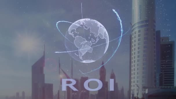 Roi-Text mit 3D-Hologramm des Planeten Erde vor dem Hintergrund der modernen Metropole — Stockvideo