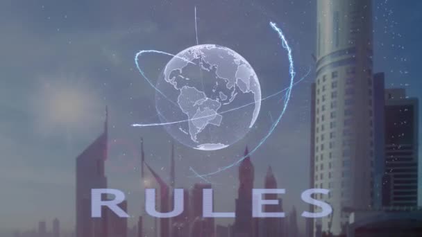 Regler text med 3d hologram av planeten jorden mot bakgrund av den moderna metropolen — Stockvideo
