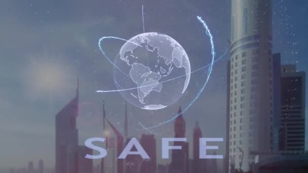 Безпечний текст з 3d голограмою планети Земля на тлі сучасного мегаполісу — стокове відео