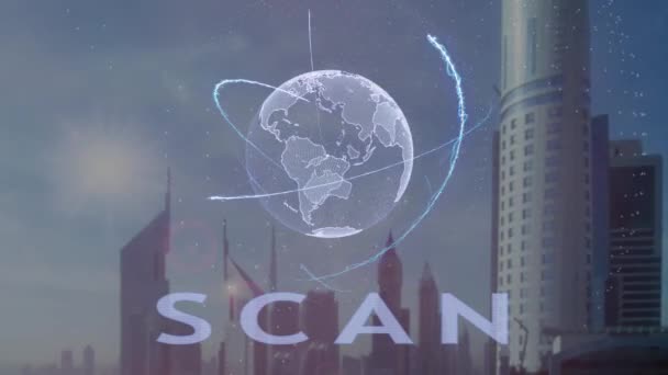 Scan-Text mit 3D-Hologramm des Planeten Erde vor dem Hintergrund der modernen Metropole — Stockvideo