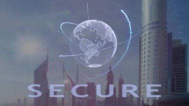 Modern metropol zemin karşı Dünya gezegeninin 3d hologram ile güvenli metin