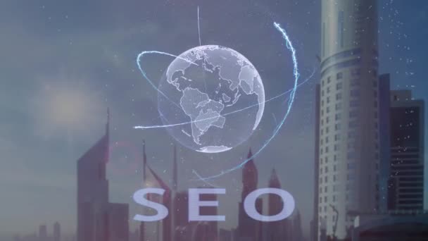 SEO tekst met 3d hologram van de planeet aarde tegen de achtergrond van de moderne metropool — Stockvideo