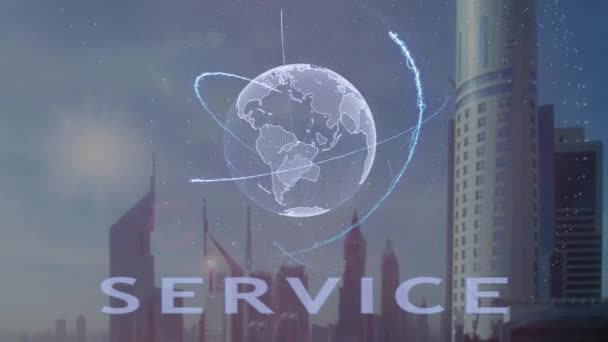 Texto de servicio con el holograma 3d del planeta Tierra contra el telón de fondo de la metrópolis moderna — Vídeos de Stock