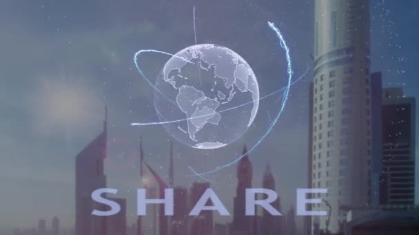 Condividere il testo con l'ologramma 3d del pianeta Terra sullo sfondo della metropoli moderna — Video Stock