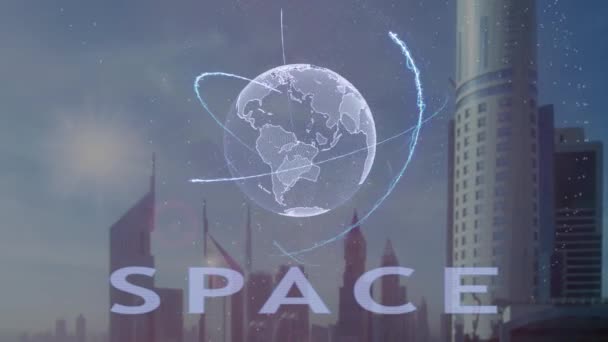 Tekst met 3d hologram van de planeet aarde tegen de achtergrond van de moderne metropool — Stockvideo