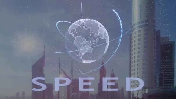 Velocidade de texto com holograma 3d do planeta Terra contra o pano de fundo da metrópole moderna — Vídeo de Stock