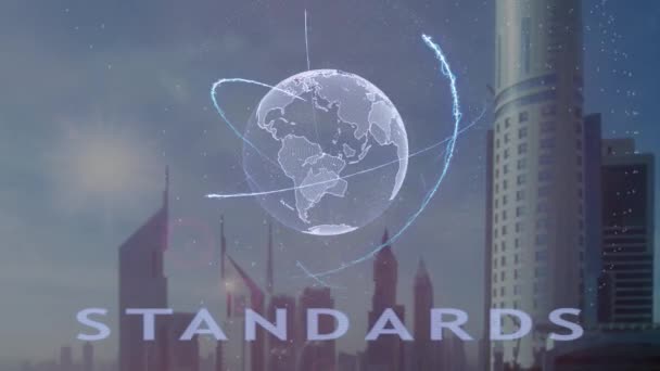 Текст стандартів з 3d голограмою планети Земля на тлі сучасного мегаполісу — стокове відео