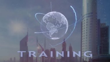 Modern metropol zemin karşı Dünya gezegeninin 3d hologram metinle eğitim
