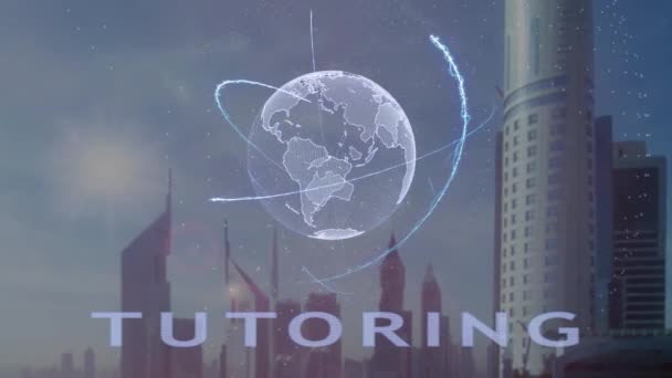 Tutoria de texto com holograma 3d do planeta Terra contra o pano de fundo da metrópole moderna — Vídeo de Stock