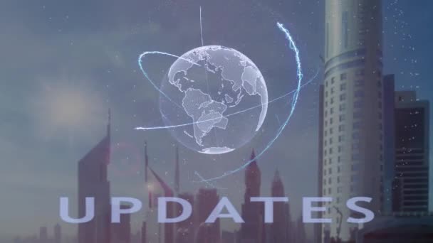 Atualiza texto com holograma 3d do planeta Terra contra o pano de fundo da metrópole moderna — Vídeo de Stock