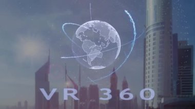 Modern metropol zemin karşı Dünya gezegeninin 3d hologram metinle VR 360