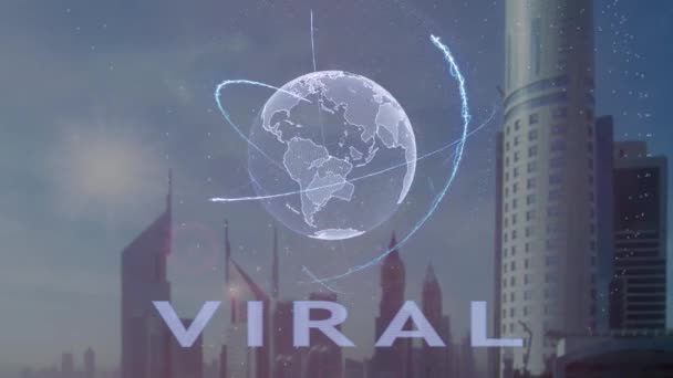 Texto viral com holograma 3d do planeta Terra contra o pano de fundo da metrópole moderna — Vídeo de Stock