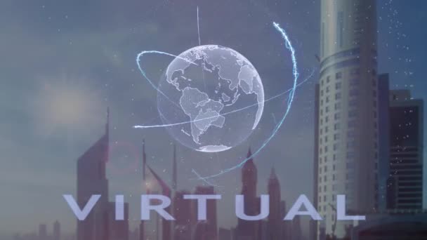 Texto de Realidad Virtual con el holograma 3d del planeta Tierra en el contexto de la metrópolis moderna — Vídeos de Stock