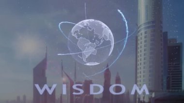 Modern metropol zemin karşı Dünya gezegeninin 3d hologram metinle bilgelik