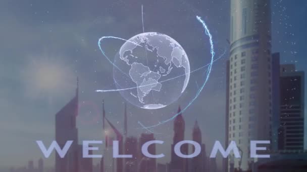 Testo di benvenuto con ologramma 3D del pianeta Terra sullo sfondo della moderna metropoli — Video Stock