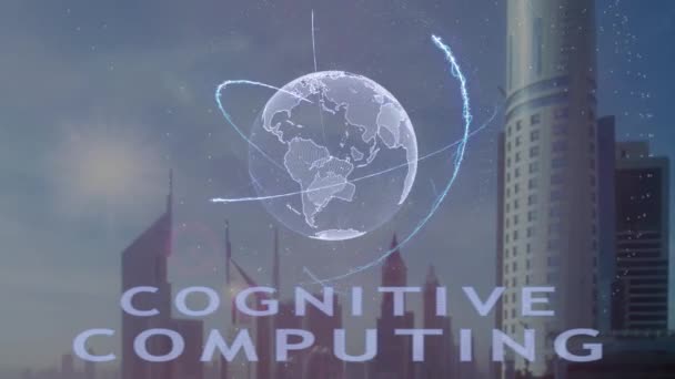 Texto Computación Cognitiva Con Holograma Del Planeta Tierra Contexto Metrópolis — Vídeos de Stock