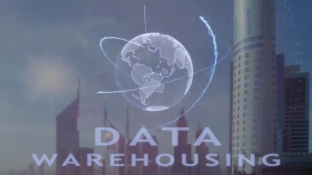 Dados Armazenagem de texto com holograma 3d do planeta Terra contra o pano de fundo da metrópole moderna — Vídeo de Stock