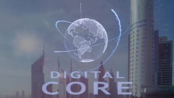 Texto del núcleo digital con el holograma 3d del planeta Tierra en el contexto de la metrópolis moderna — Vídeo de stock