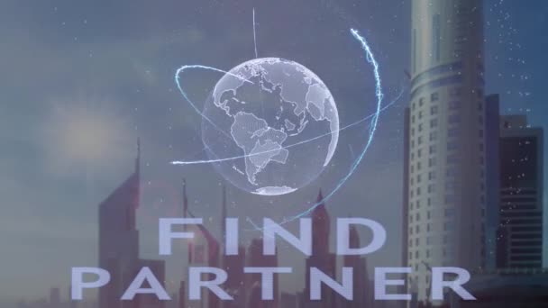 Encontrar texto parceiro com holograma 3d do planeta Terra contra o pano de fundo da metrópole moderna — Vídeo de Stock
