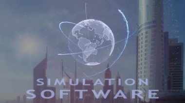 Simülasyon yazılım metin ile modern metropol zemin karşı Dünya gezegeninin 3d hologram