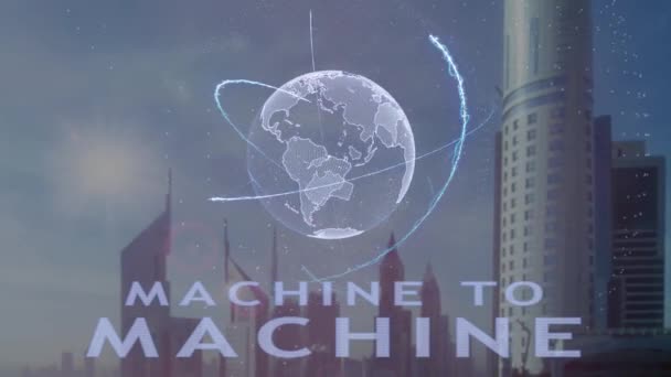 Machine to machine text with 3d hologram of the planet Earth at the backdrop of the modern metropolis — стоковое видео