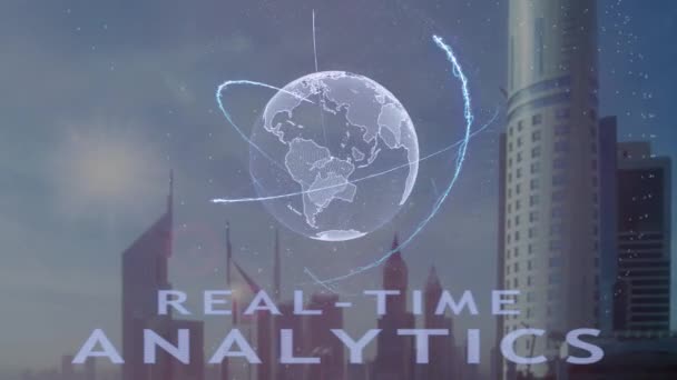 Текст аналітики реального часу з 3d голограмою планети Земля на тлі сучасного мегаполісу — стокове відео