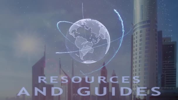 Források és útmutatók szöveg 3d a föld ellen, a hátteret, a modern nagyváros hologram — Stock videók