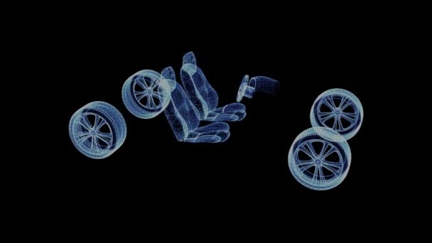 Das Hologramm eines Drahtrahmens Teile des Autos — Stockvideo