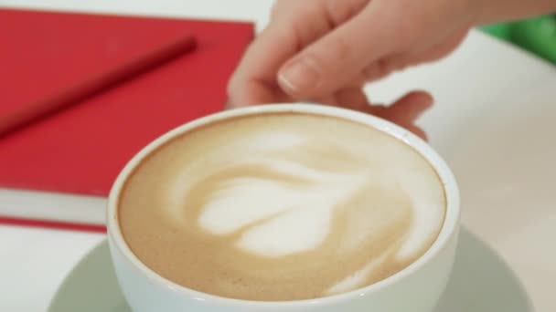 En kvinnlig hand tar en kopp cappuccino på bordet och ger det till läpparna — Stockvideo