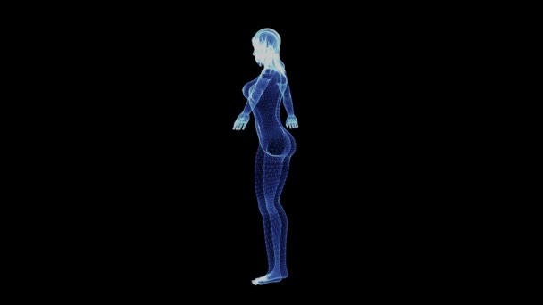 O holograma de um corpo feminino rotativo de partículas — Vídeo de Stock