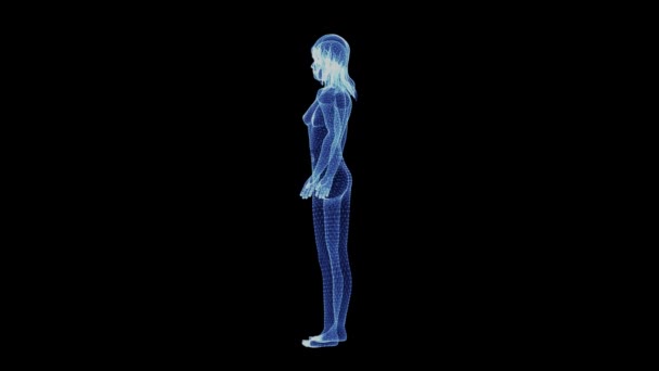 Das Hologramm eines rotierenden weiblichen Körpers aus Teilchen — Stockvideo