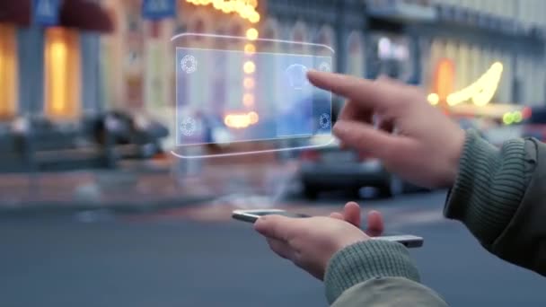 Las manos femeninas interactúan holograma HUD con texto Marca — Vídeos de Stock