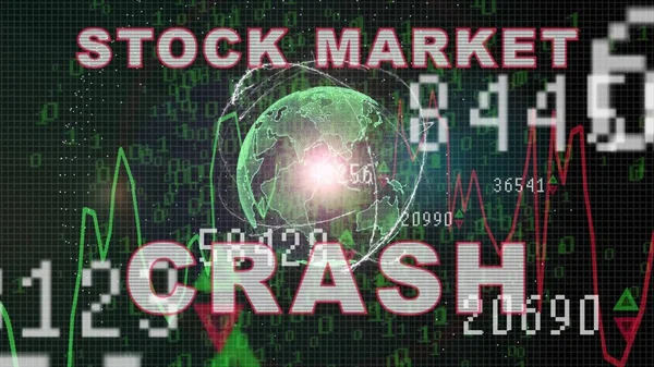 Stock market crash text on Stock market graph with bar chart price display, trading screen, chart bars