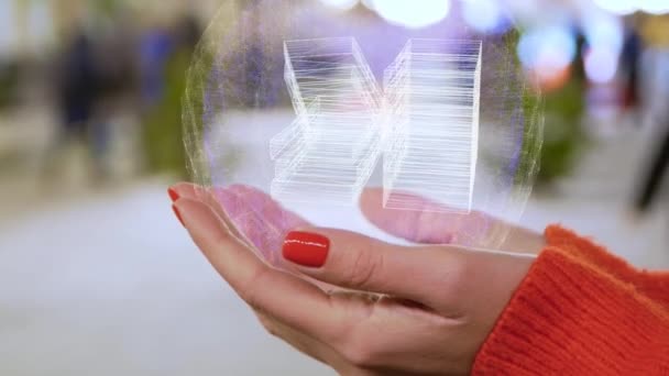 Manos femeninas sosteniendo pilas de holograma de dinero — Vídeo de stock