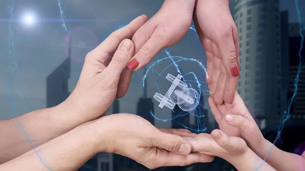 Mens, mulheres e crianças mãos mostram um holograma 3D halteres — Fotografia de Stock