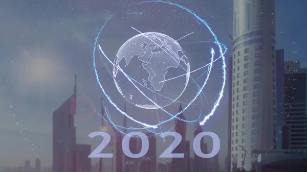 2020 texto com holograma 3d do planeta Terra contra o pano de fundo da metrópole moderna — Fotografia de Stock
