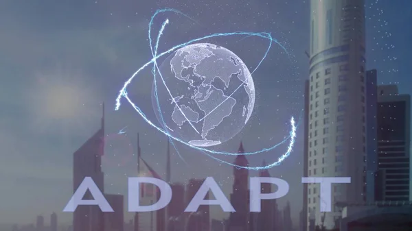 Adapt text with 3d hologram of the planet Earth against the backdrop of the modern metropolis — Stock Photo, Image