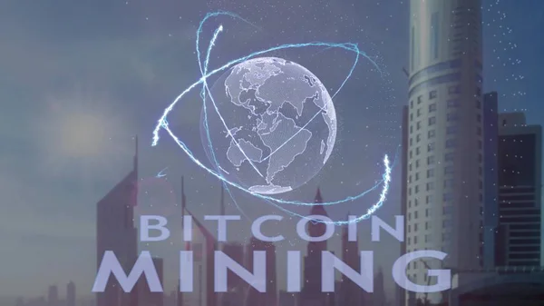 Bitcoin Mining texte avec hologramme 3D de la planète Terre dans le contexte de la métropole moderne — Photo