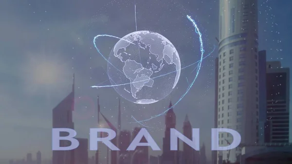 Markentext mit 3D-Hologramm des Planeten Erde vor dem Hintergrund der modernen Metropole — Stockfoto