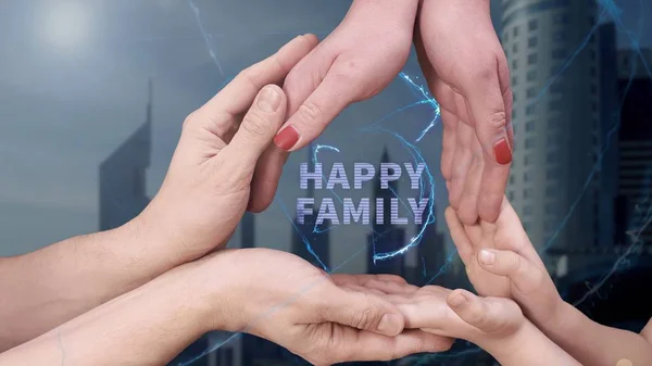 Männer, Frauen und Kinderhände zeigen ein Hologramm glückliche Familie — Stockfoto