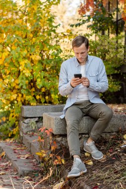 Sonbahar parkında rahat giysiler içinde bir telefon ile Guy