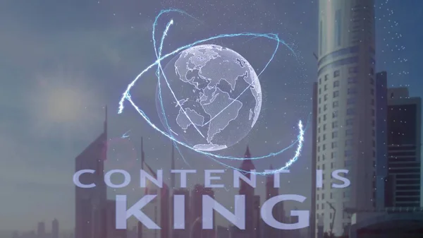 Konten adalah Raja teks dengan hologram 3d dari planet Bumi dengan latar belakang metropolis modern — Stok Foto