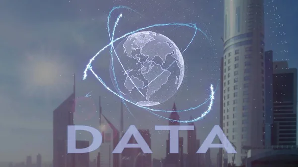 Texto de dados com holograma 3d do planeta Terra contra o pano de fundo da metrópole moderna — Fotografia de Stock