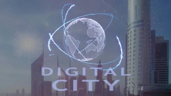 Digital city text with 3d hologram of the planet Earth against the backdrop of the modern metropolis — Stock Photo, Image