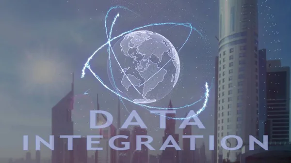 Текст інтеграції даних з 3d голограмою планети Земля на тлі сучасного мегаполісу — стокове фото