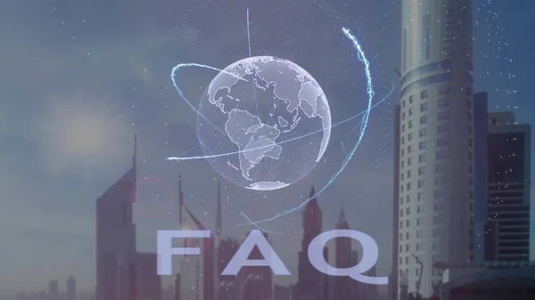 FAQ testo con ologramma 3d del pianeta Terra sullo sfondo della moderna metropoli — Foto Stock