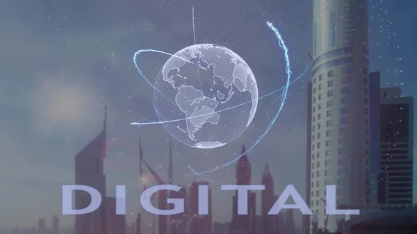 Texto digital con el holograma 3d del planeta Tierra sobre el telón de fondo de la metrópolis moderna —  Fotos de Stock