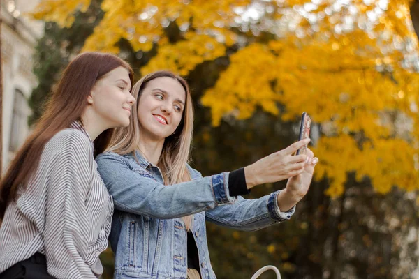 Zwei schöne junge Mädchen beim Selfie mit dem Handy im Herbstpark — Stockfoto