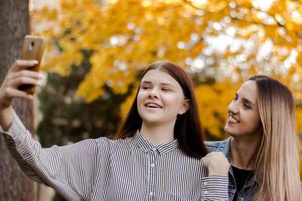 Duas jovens sorridentes felizes tomando selfie no telefone no parque de outono — Fotografia de Stock