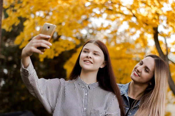 Duas belas garotas sorridentes tomando selfie no telefone no parque de outono — Fotografia de Stock